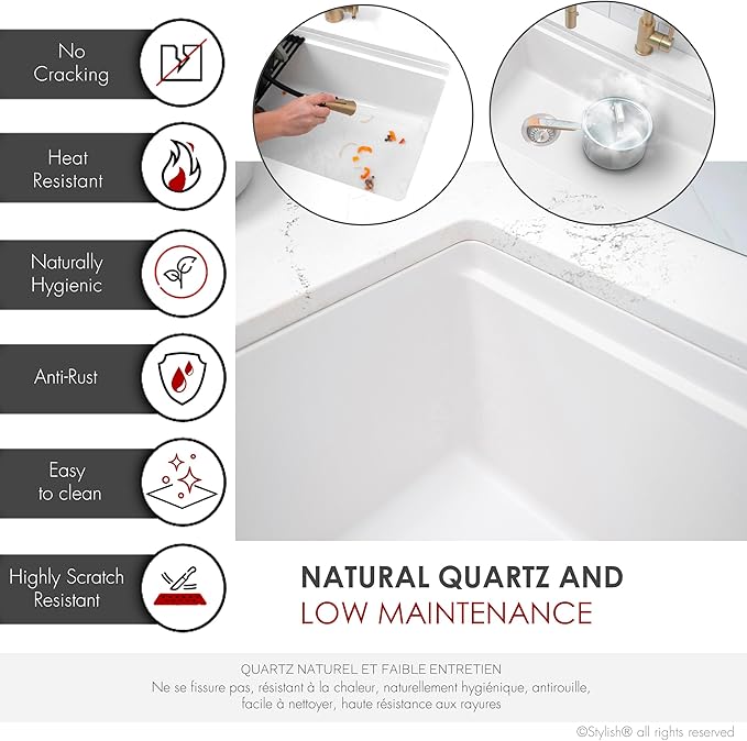 Stylish 28 x 18 Inch Composite Granite Workstation Kitchen Sink, Single Bowl Under Mount & Drop in, 9.5 in Deep, with Bamboo Cutting Board, Roll-Up Drying Rack, Colander & Strainer, White, S-828WH