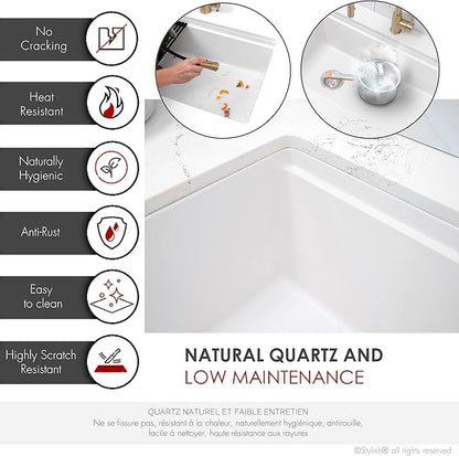 Stylish 28 x 18 Inch Composite Granite Workstation Kitchen Sink, Single Bowl Under Mount & Drop in, 9.5 in Deep, with Bamboo Cutting Board, Roll-Up Drying Rack, Colander & Strainer, White, S-828WH