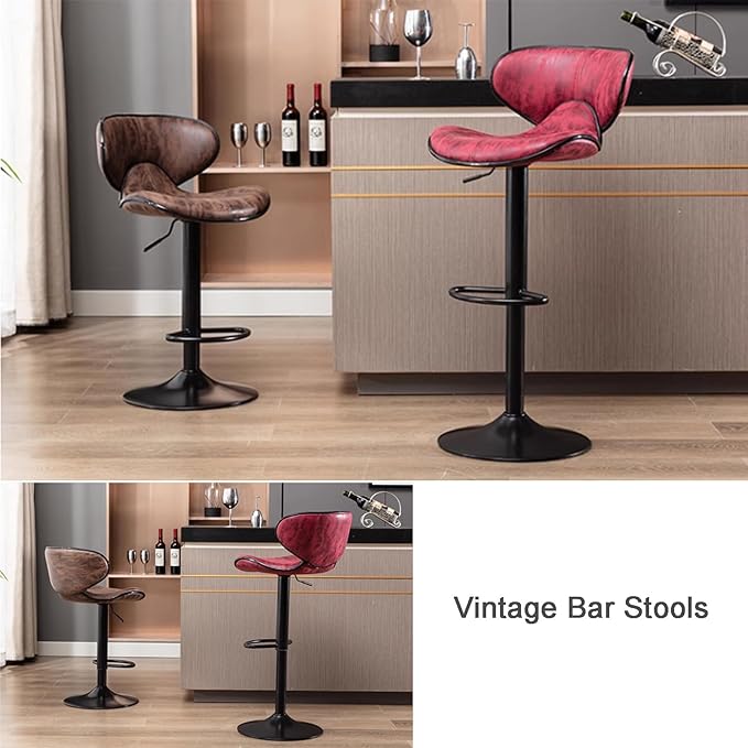 Counter Height Stools Faux Leather, Adjustable Swivel Kitchen Island Chair with Backs, Retro Chairs for Coffee Home Dinning,Red-Sitting Height 6280cm