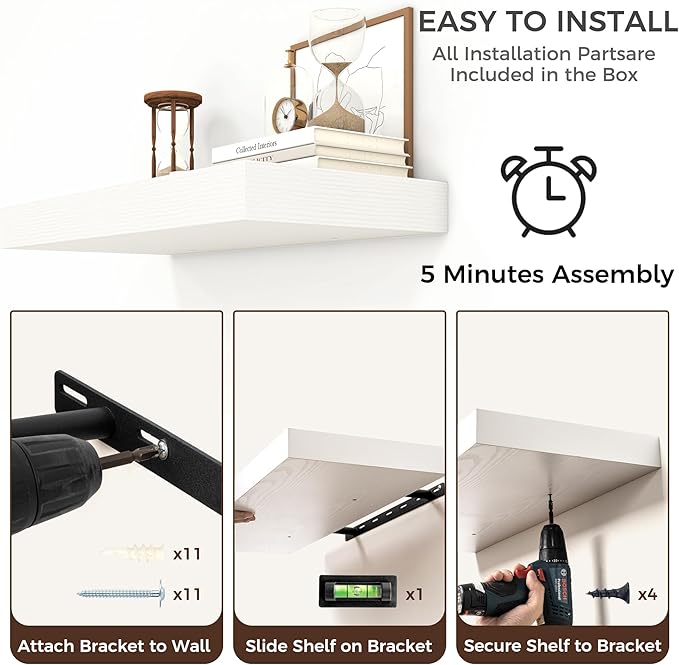 Venusmiles Floating Shelves for Wall, 48" W x 12" D x 2" H, 2 Pack of Long Wall Mounted Engineered Wood Shelves with Invisible Brackets for Living Room, Bedroom, Bathroom, Kitchen Decor, White