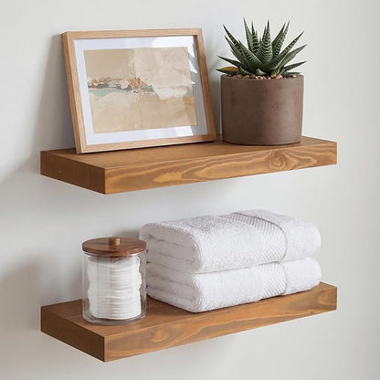 Homeforia 16 inch Golden Oak Floating Shelf, High End Solid Real Wood 16inch Small Floating Shelves for Wall Mounted, Oak Wooden 16in Floating Shelves, Heavy Duty Bracket, 16 X 6.5 X 1.75 in, Set of 2