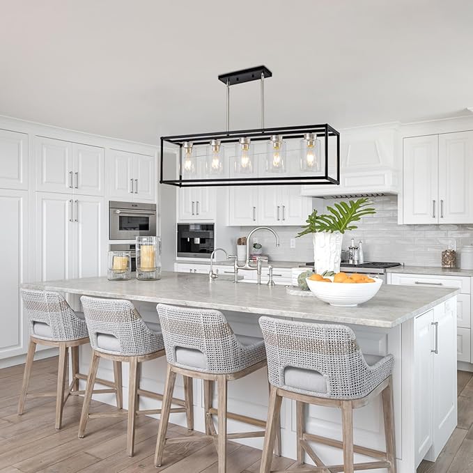 5 Light Dining Room Light Fixture Modern Farmhouse Chandeliers Over Table Black & Brushed Nickel Rectangular Pendent Lighting for Kitchen with Glass Shade Hanging Industrial Ceiling Light