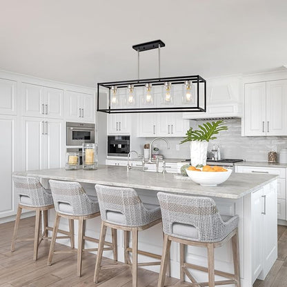 5 Light Dining Room Light Fixture Modern Farmhouse Chandeliers Over Table Black & Brushed Nickel Rectangular Pendent Lighting for Kitchen with Glass Shade Hanging Industrial Ceiling Light