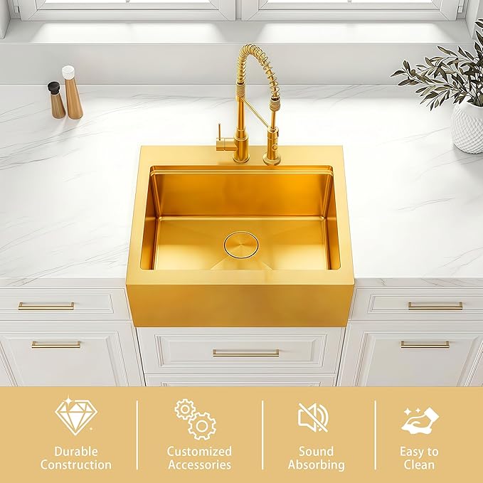 26 Inch Farmhouse Gold Sink, 16 Gauge 304 Stainless Steel Farm Sinks, Drop In Topmount Single Bowl Workstation Sink with all Accessories, 26" x 22" x 10" Deep Kitchen Sink