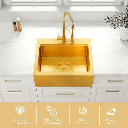 26 Inch Farmhouse Gold Sink, 16 Gauge 304 Stainless Steel Farm Sinks, Drop In Topmount Single Bowl Workstation Sink with all Accessories, 26" x 22" x 10" Deep Kitchen Sink