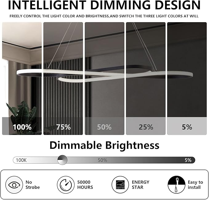Led Pendant Light, Modern Chandelier,Dimmable Black Led Chandelier for Dining Room Light Fixture Over Table Modern Kitchen Island Lighting with Remote,Height Adjustable Ceiling Lamps