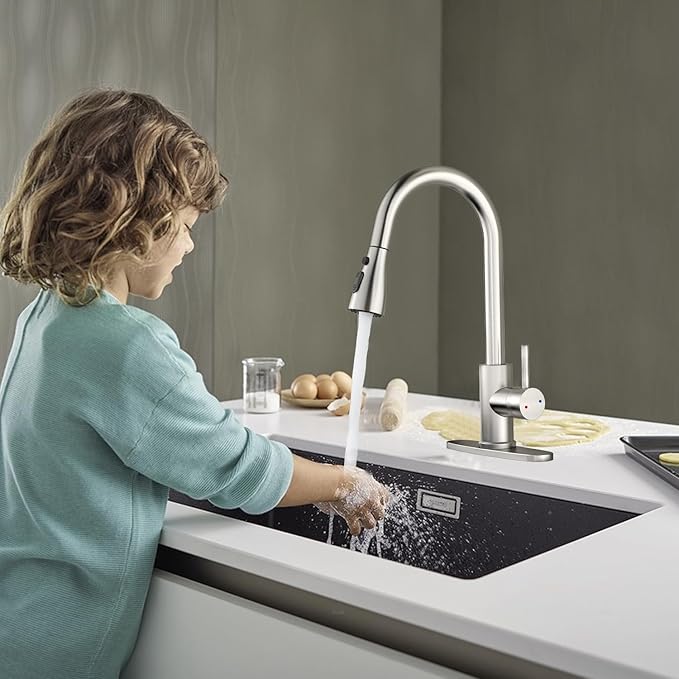 Kitchen Faucet with Pull Down Sprayer,Stainless Steel Single Handle Kitchen Faucet,1/3 Hole,Deck Plate Included，Suitable for farmhouses, Campers, Laundry Rooms, RVs, and Bars (Brushed Nickel)