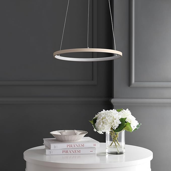 JONATHAN Y 15.75" Beige Modern Integrated LED Pendant Light, Dimmable Round Hoop Chandelier for Kitchen Island, Dining Room, Adjustable Height Metal Hanging Light (JYL7202H)