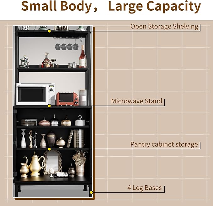 58” Pantry Cabinets with Microwave Shelves, Small Kitchen Pantry Storage Cabinet with Adjustable Shelves, Freestanding Buffet Cupboards Sideboard for Kitchen, Dining Room, Living Room Use (Black)
