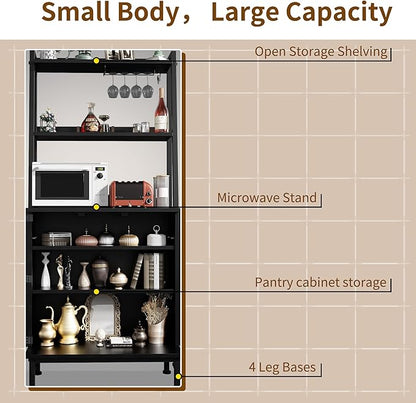 58” Pantry Cabinets with Microwave Shelves, Small Kitchen Pantry Storage Cabinet with Adjustable Shelves, Freestanding Buffet Cupboards Sideboard for Kitchen, Dining Room, Living Room Use (Black)