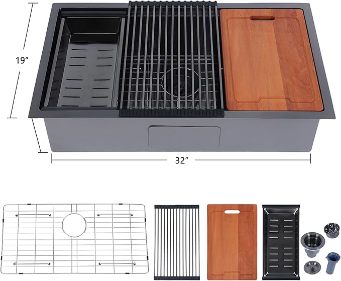 HOTIS 32 Inch Black Undermount Kitchen Sink Workstation, 32x18 Inch Large Outdoor Single Bowl Prep Sink, Stainless Steel T304 16 Gauge Deep Kitchen Sinks with Cutting Board Accessories