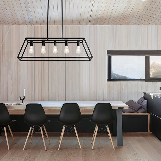 Black Kitchen Island Lighting, 5-Light Farmhouse Chandeliers, Modern Industrial Linear Rectangle Pendant Light Fixtures for Dining Room Kitchen Bar Foyer(Metal, E26 Base)