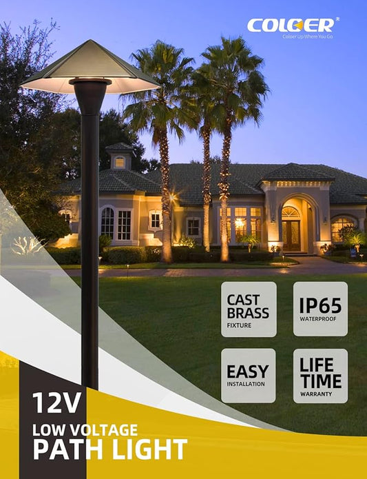 COLOER 4-Pack 12V Brass Outdoor Low Voltage Garden Path Lights for Outside(Bronze,23.2" Tall, 7.9" Shade) with 2W 2700K G4 LED Bulb(605B)