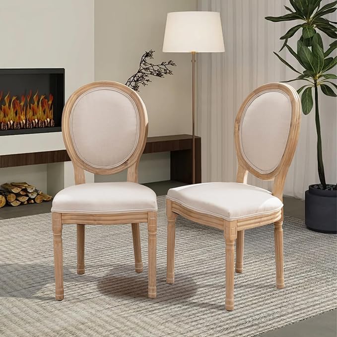 SoarFlash French Dining Chairs Set of 6, Vantage Linen Dining Chair with Round Back, Farmhouse Country Dining Chair for Living Room,Kitchen,Bedroom,Beige
