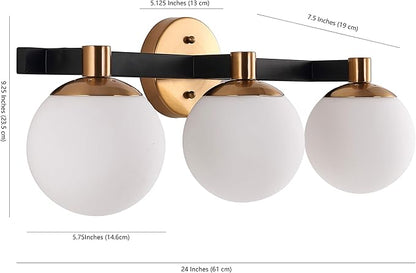 JONATHAN Y 24" Brass Gold/Black Modern Globe LED Vanity Wall Sconce Light, White Frosted Glass Shade, Mid-Century Art Deco Wall Lamp for Bathroom, Kitchen, Hallway (JYL3542A)