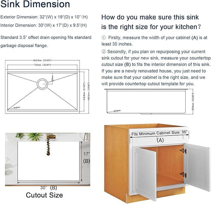 32 inch Gold Stainless Steel Undermount Kitchen Sink - CELAENO 32x19 Handmade 16 Gauge Single Bowl Workstation Sink, 10 Inch Deep Modern Kitchen Sink is Equipped with Various Accessories