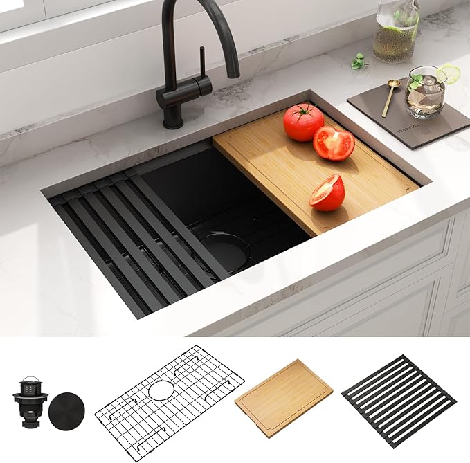 LQS 28 Inch Black Undermount Kitchen Sink, Undermount Kitchen Sink with 10" Deep Single Bowl, 16 Gauage Stainless Steel Material, Workstation Ledge with Abundant Accessories, R10 Round Corner