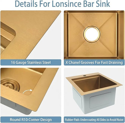 Drop In Gold Bar Sink 17 X 19 inch,Small RV Sink,16 Gauge Stainless Steel Bar & Prep Sinks for Wet Bar Area