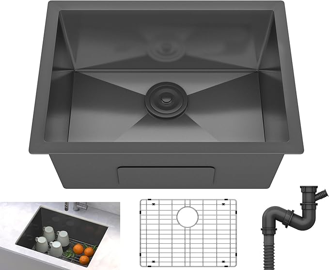 YITAHOME Black Kitchen Sink 23in Undermount Single Bowl Stainless Steel Nano Gunmetal Black Bar Sink with Accessories for Workstation, Prep Kitchen 23 x 18 x 9in