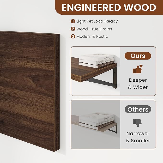 Deep Wall Shelves 55"W x 12"D Engineered Wood Floating Shelves for Wall, Sturdy Metal Bracket Bookshelves Home Decor Storage for Living Room Bedroom Bathroom Kitchen, Set of 2, Walnut Finish