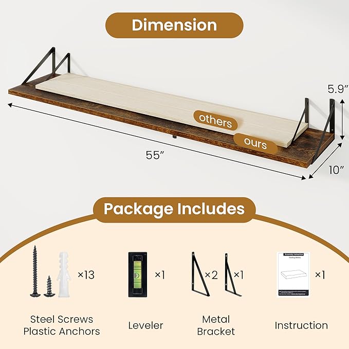 Acovy Deep Floating Shelves,55" Wx10 D Wood Wall Shelves Set of 2,Long Wood Floating Shelf with Metal Brackets,Floating Bookshelf for Living Room,Kitchen,Office,Bedroom,Decor Storage,Rustic Brown