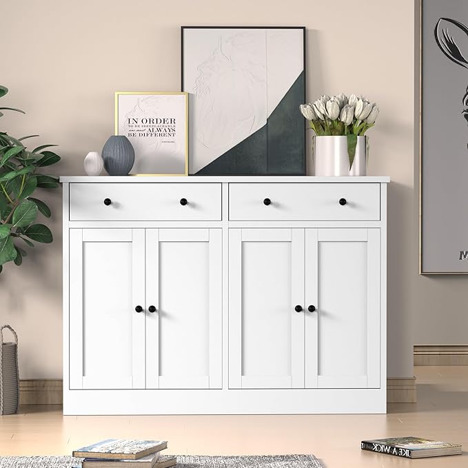 holzart 49" White Buffet Cabinet with Doors & Drawers, Modern Kitchen Storage Sideboard, Coffee Bar Console Table for Dining Room, Living Room, Entryway