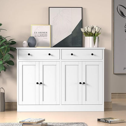 holzart 49" White Buffet Cabinet with Doors & Drawers, Modern Kitchen Storage Sideboard, Coffee Bar Console Table for Dining Room, Living Room, Entryway