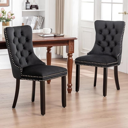 Eifizek Velvet Dining Chairs Set of 2, Tufted Dining Room Chairs with Nailhead Ring Pull Trim, Upholstered Dining Chairs with Solid Wood Legs for Kitchen Dining Room (Black)