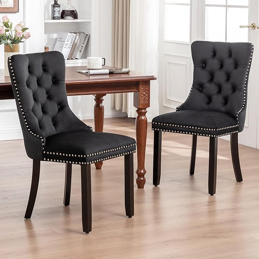 Eifizek Velvet Dining Chairs Set of 2, Tufted Dining Room Chairs with Nailhead Ring Pull Trim, Upholstered Dining Chairs with Solid Wood Legs for Kitchen Dining Room (Black)