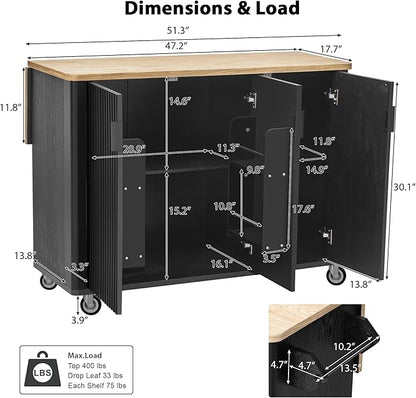 RUNNA Fluted Kitchen Island with Drop Leaf, Farmhouse Accent Kitchen Island on Wheels with Internal Storage Rack,Rolling Cart with Towel Rack,Dining Room,Black Ash (Black@046)