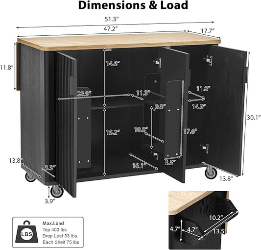RUNNA Fluted Kitchen Island with Drop Leaf, Farmhouse Accent Kitchen Island on Wheels with Internal Storage Rack,Rolling Cart with Towel Rack,Dining Room,Black Ash (Black@046)