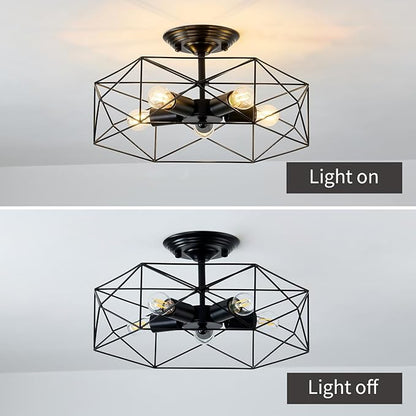 5-Light Farmhouse Semi Flush Mount Ceiling Light Fixture, Modern Black Ceiling Light, Industrial Close to Ceiling Light with Metal Hexagon Cage Ceiling Lamp for Kitchen, Hallway, Bathroom，closet