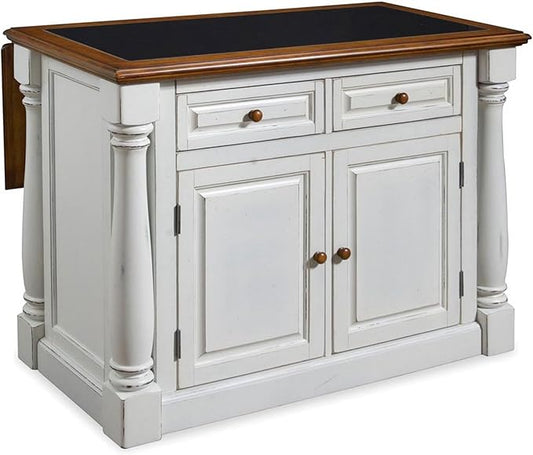 Home Styles Monarch White Kitchen Island with Distressed Oak Top, Black Granite Top Inset, Hardwood, Breakfast Bar, Two Drawers, Two Wood Panel Doors, and Adjustable Shelves
