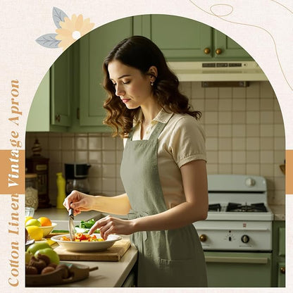 100% Cotton Aprons with Pockets Pinafore Dress for Women Vintage Cute Aprons for Kitchen Baking Gardening Painting