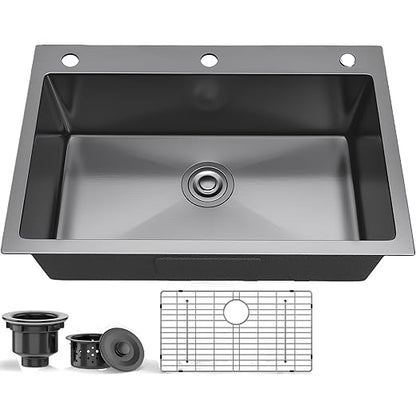 YITAHOME Drop in Black Kitchen Sink with 3 Holes, 28in Top Mount Stainless Steel Nano Gunmetal Black Single Bowl with Grid for Workstation, RV, Bar Sink, 28 x 18 x 10in