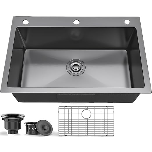 YITAHOME Drop in Black Kitchen Sink with 3 Holes, 28in Top Mount Stainless Steel Nano Gunmetal Black Single Bowl with Grid for Workstation, RV, Bar Sink, 28 x 18 x 10in