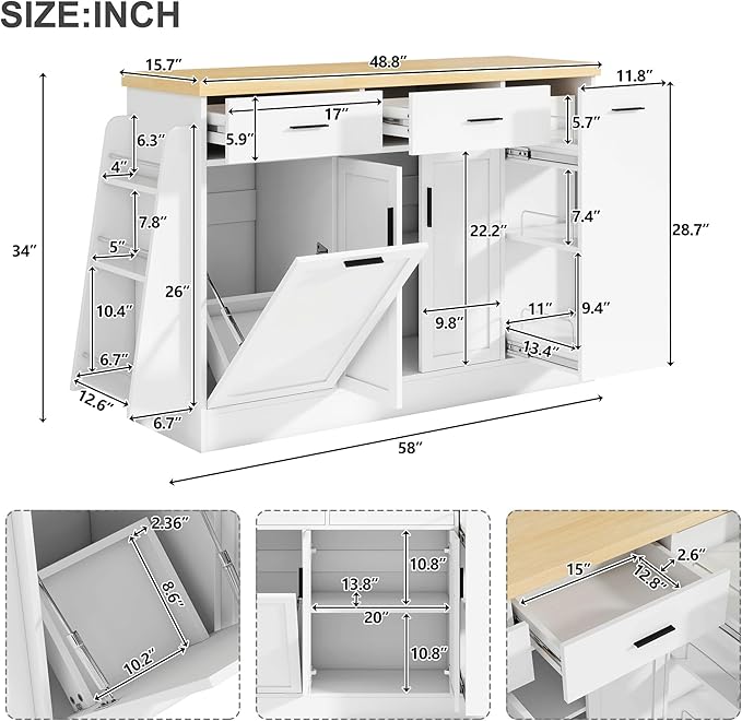 Multi-Functional Storage Sideboard – Stylish Kitchen Island Table with Trash Can Storage, Sliding Door Cabinet & 3-Tier Spice Rack for Kitchen & Dining Room(White)