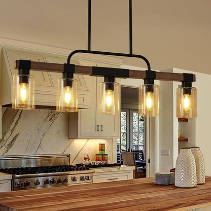 Farmhouse Dining Room Light Fixtures Over Table，Rustic Ceiling Pendant Lights Kitchen Island，5-Light Wood Kitchen Island Lighting Linear Chandelier with Clear Glass lampshade