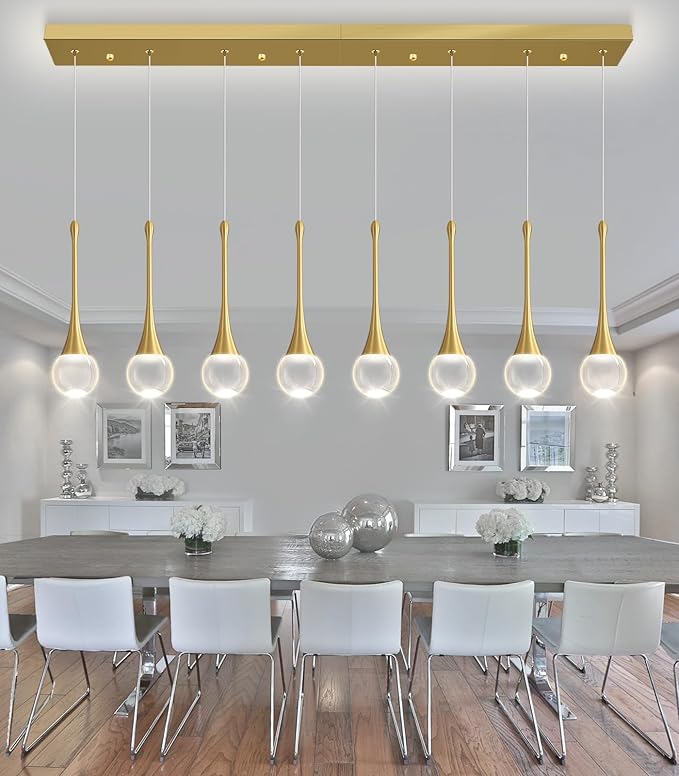 Rectangular Crystal Pendant Lights for Kitchen Island 8 Light Dimmable Crystal Chandelier Lighting Fixtures with Remote for Dining Room Living Room Gold