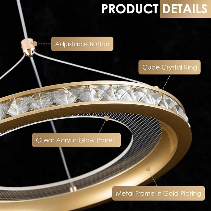 CHYING 3 Pack Modern Gold LED Crystal Pendant Light, 11.8" 24W 3500K Warm White Hanging Pendant Light Kitchen Island, Ring Ceiling Lights for Bedroom Dining Room Hallway