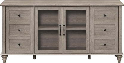 WAMPAT Farmhouse Sideboard Buffet Cabinet with Glass Door & Adjustable Shelf, Wooden Coffee Bar Table with Solid Wood Leg, Kitchen Storage Cabinet for Dining Room, Grey, 58 Inch