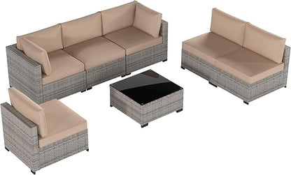 Patio Furniture Set, 7-Piece Outdoor Sectional Couch with Coffee Table & Thick Cushions, Outdoor Wicker Conversation Set for Backyard, Poolside, Garden (Grey White-Camel, 7 Piece-Single)