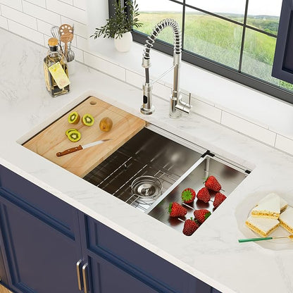 32 x 19 Inch Undermount Kitchen Sink Workstation 16 Gauge Stainless Steel Handmade Sink Round Corners Single Bowl Large Deep Under Counter Kitchen Sinks Basin, 32"x19"x9"