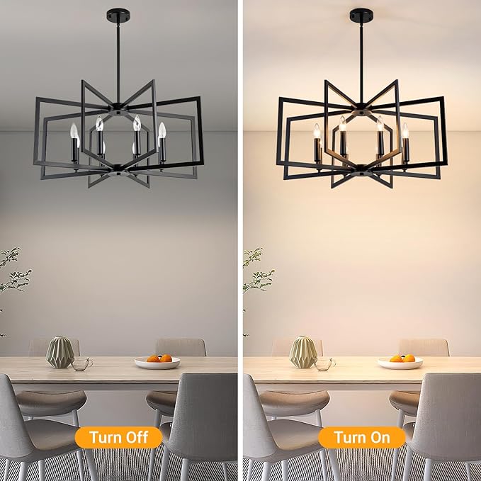 Black Chandelier for Dining Room 8-Light Farmhouse Chandelier,Modern Geometric Industrial Meta Pendant Light Fixture Adjustable Height Hanging Lighting for Dining Room,Living Rooms,Villas,Entryway