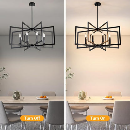 Black Chandelier for Dining Room 8-Light Farmhouse Chandelier,Modern Geometric Industrial Meta Pendant Light Fixture Adjustable Height Hanging Lighting for Dining Room,Living Rooms,Villas,Entryway