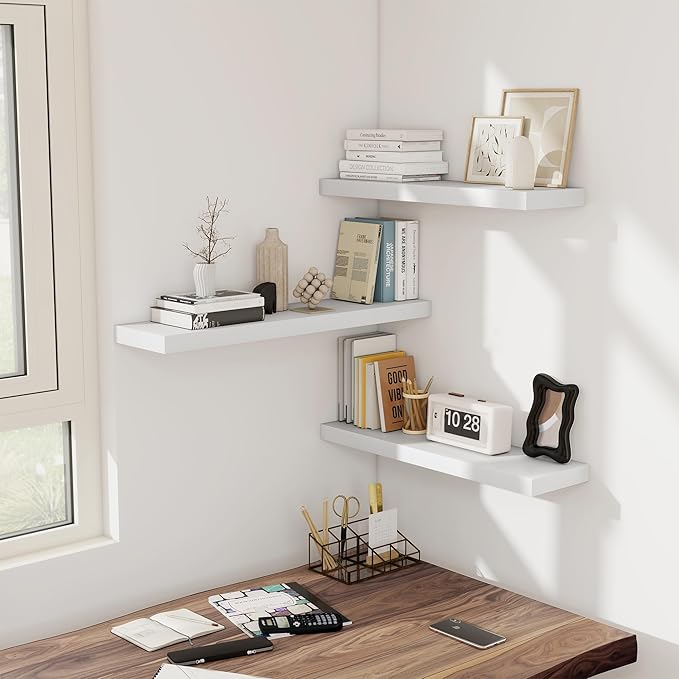 Fun Memories Floating Shelves for Wall, 32W x 8D Floating Wall Shelves with Invisible Brackets Set of 2, Hanging Rustic Wood Shelf Decoration for Bedroom, Bathroom, Living Room and Kitchen, White