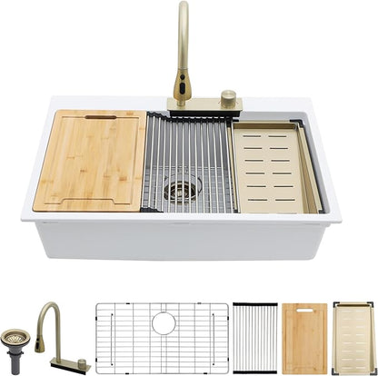 33 Waterfall Kitchen Sink Drop In - Lordear 33x22 Kitchen Sinks White Quartz Granite Composite Multifuctional Workstation Single Bowl Topmount Sink with Pull Out Faucet