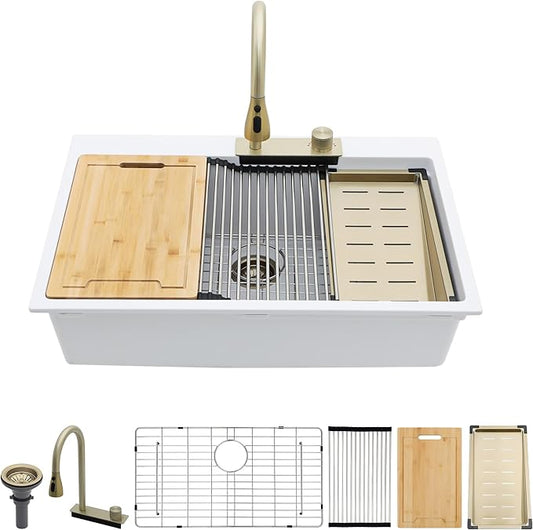 33 Waterfall Kitchen Sink Drop In - Lordear 33x22 Kitchen Sinks White Quartz Granite Composite Multifuctional Workstation Single Bowl Topmount Sink with Pull Out Faucet
