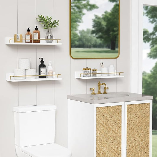 Forbena Gold Floating Shelves for Wall Decor Set of 3, Bathroom Shelves Over Toilet, Modern Display Wall Shelf with Guard Rail for Living Room Bedroom Organizers and Storage - White and Gold