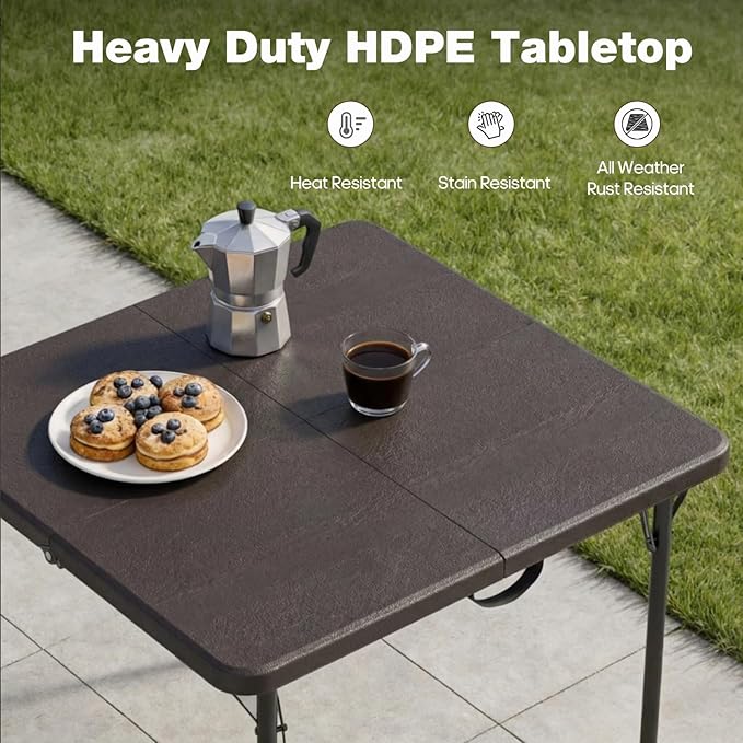 34" Square Folding Table for 4 Person, 330lbs Weight Capacity Foldable Table with HDPE Tabletop & Heavy-Duty Steel Legs, Portable Picnic Table for Indoor Outdoor Parties, Camping, Coffee Woodgrain